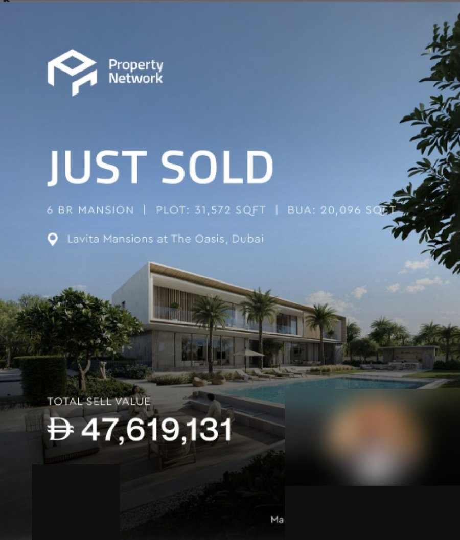 Just Sold — 6 bedroom mansion, Lavita Mansions at The Oasis, total sell value AED 47,619,131
